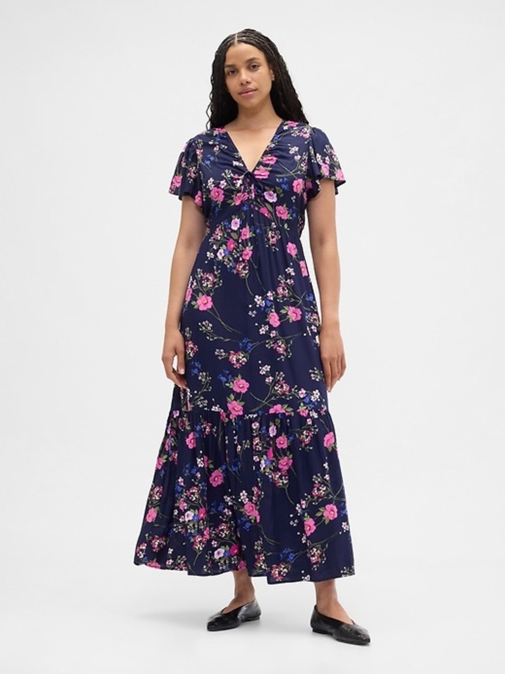 ▪️NWT GAP Navy Blue Floral Ruched V-Neck Maxi Dress